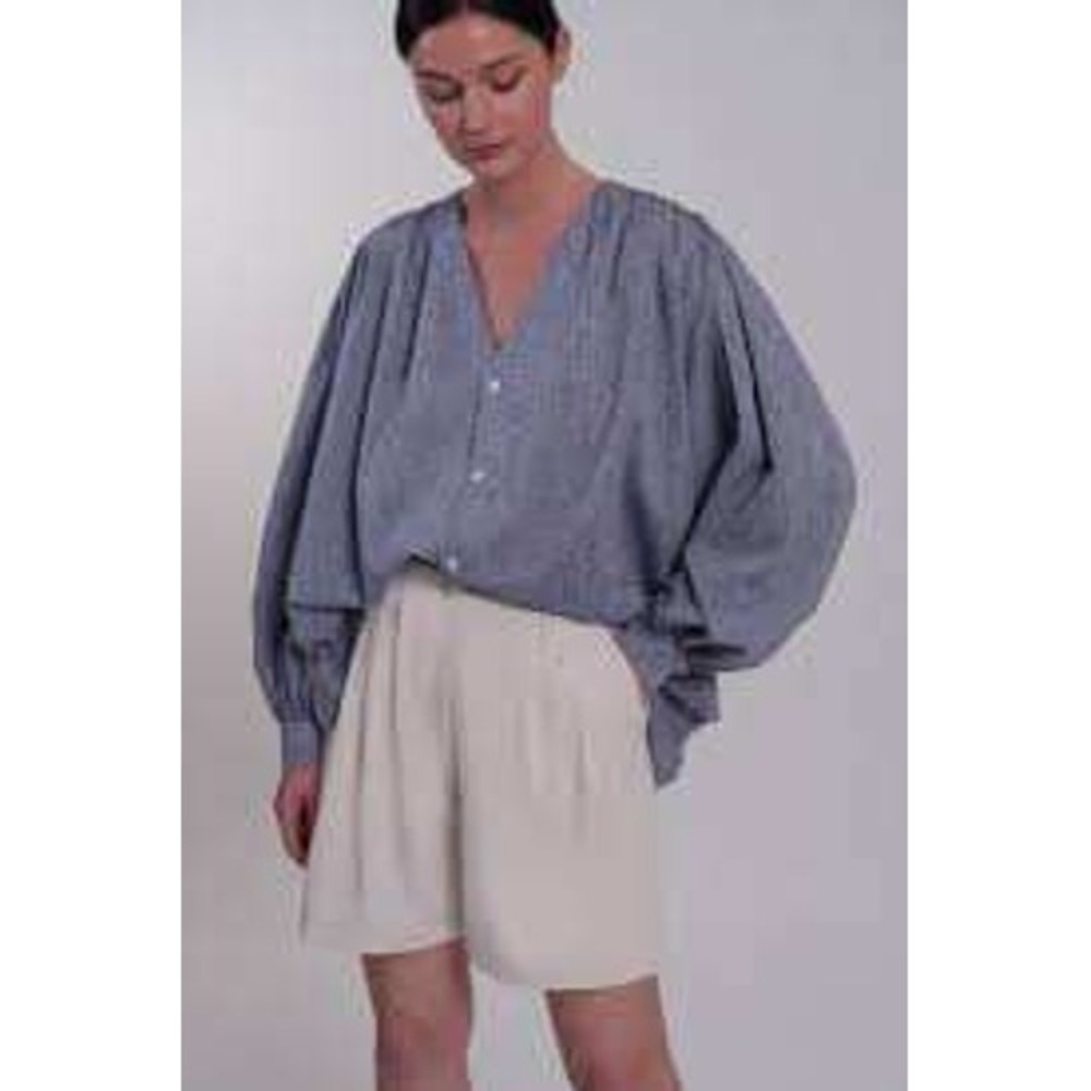 Seliijan Blue Lantern Sleeve V-Neck Blouse Shirt 100% Cotton Women Size S/m